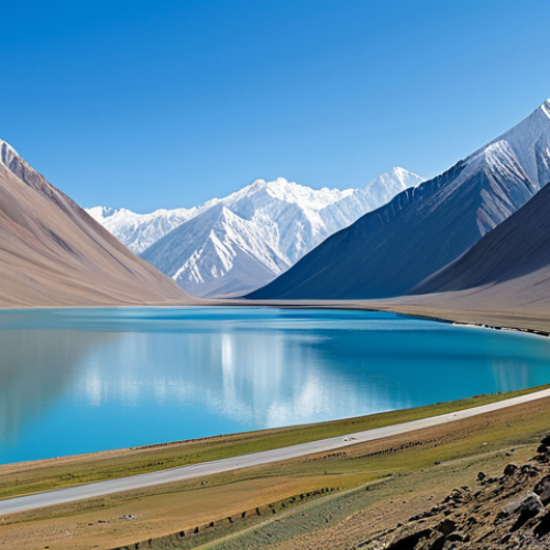 Home 15 A breathtaking panoramic landscape of the majestic Pamir Mountains, showcasing towering, snow-capped peaks under a vast, clear blue sky. A pristine turquoise high-altitude lake reflects the surrounding grandeur, with a winding section of the Pamir Highway subtly visible in the mid-ground. The scene exudes a sense of immense scale, quiet solitude, and natural beauty. Professional landscape photography, epic scale, hyper-realistic detail, natural sunlight, safe for work, appropriate content, fully clothed (as a safety measure, even if no people are the main subject), family-friendly, perfect anatomy (for any implied human presence), correct proportions, natural body proportions, high quality.
