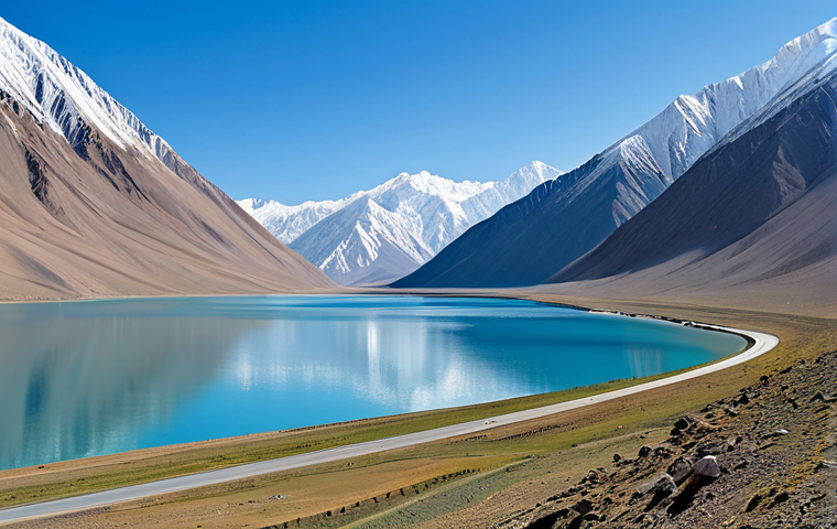 A breathtaking panoramic landscape of the majestic Pamir Mountains, showcasing towering, snow-capped peaks under a vast, clear blue sky. A pristine turquoise high-altitude lake reflects the surrounding grandeur, with a winding section of the Pamir Highway subtly visible in the mid-ground. The scene exudes a sense of immense scale, quiet solitude, and natural beauty. Professional landscape photography, epic scale, hyper-realistic detail, natural sunlight, safe for work, appropriate content, fully clothed (as a safety measure, even if no people are the main subject), family-friendly, perfect anatomy (for any implied human presence), correct proportions, natural body proportions, high quality.