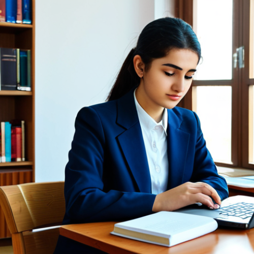 Home 14 A diligent young Tajik university student in modest, modern professional attire, seated comfortably at a clean, well-lit desk in a contemporary university library in Dushanbe. Surrounded by books and a laptop, they are in a natural, studious pose, looking at a book or screen, conveying determination. Natural light streams through a large window, revealing a hint of the city outside. High-resolution, professional studio photography lighting, clear focus, vibrant colors, detailed textures, soft shadows. fully clothed, modest clothing, appropriate attire, professional dress, safe for work, appropriate content, perfect anatomy, correct proportions, natural pose, well-formed hands, proper finger count, natural body proportions, family-friendly.