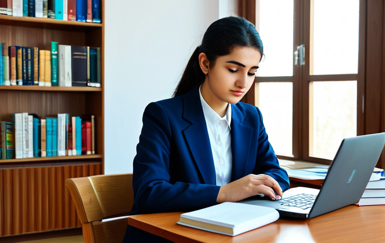 A diligent young Tajik university student in modest, modern professional attire, seated comfortably at a clean, well-lit desk in a contemporary university library in Dushanbe. Surrounded by books and a laptop, they are in a natural, studious pose, looking at a book or screen, conveying determination. Natural light streams through a large window, revealing a hint of the city outside. High-resolution, professional studio photography lighting, clear focus, vibrant colors, detailed textures, soft shadows. fully clothed, modest clothing, appropriate attire, professional dress, safe for work, appropriate content, perfect anatomy, correct proportions, natural pose, well-formed hands, proper finger count, natural body proportions, family-friendly.