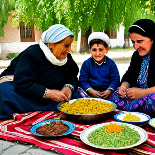 Home 7 A Tajik Family Gathering**
"A warm, inviting scene of a multi-generational Tajik family gathered in a traditional courtyard (чайхана). Grandparents are seated, children are playing, and women are preparing food. Tables are laden with plov, fruits, and traditional bread. Everyone is fully clothed in modest, colorful traditional attire. The setting is a sunny day in Gissar, Tajikistan. Capture the feeling of family unity, respect for elders, and the joy of shared meals. Safe for work, appropriate content, perfect anatomy, natural proportions, professional, family-friendly."
**