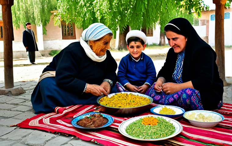 A Tajik Family Gathering**

"A warm, inviting scene of a multi-generational Tajik family gathered in a traditional courtyard (чайхана). Grandparents are seated, children are playing, and women are preparing food. Tables are laden with plov, fruits, and traditional bread. Everyone is fully clothed in modest, colorful traditional attire. The setting is a sunny day in Gissar, Tajikistan. Capture the feeling of family unity, respect for elders, and the joy of shared meals. Safe for work, appropriate content, perfect anatomy, natural proportions, professional, family-friendly."

**
