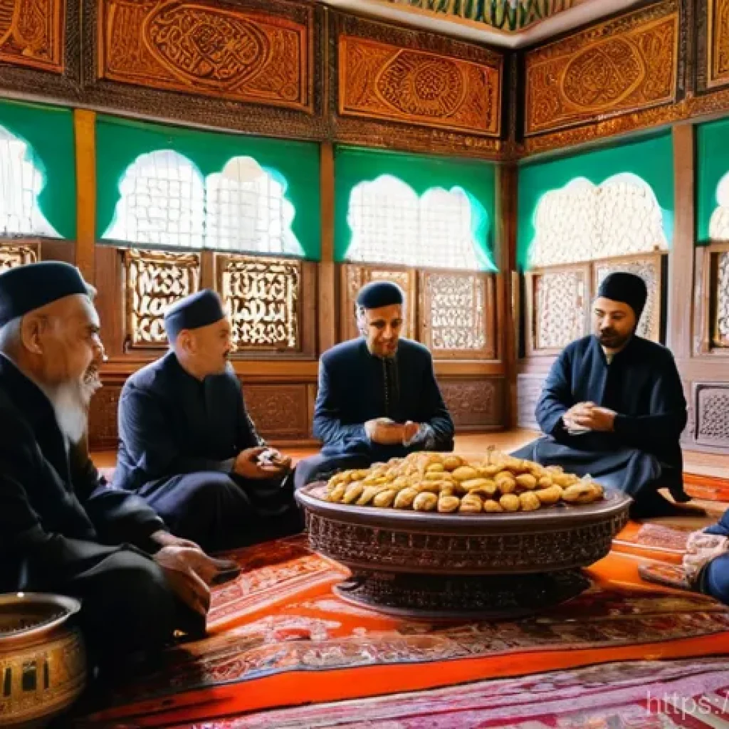 타지키스탄의 전통 차 문화 - **Prompt: A vibrant and bustling traditional Tajik Chaihana interior.** Elder men (aksakals) and you...