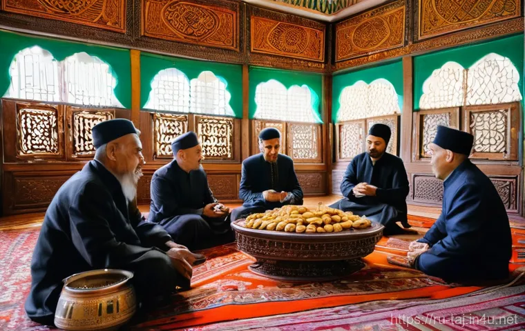 타지키스탄의 전통 차 문화 - **Prompt: A vibrant and bustling traditional Tajik Chaihana interior.** Elder men (aksakals) and you...