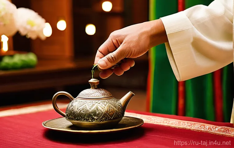 타지키스탄의 전통 차 문화 - **Prompt: A vibrant and bustling traditional Tajik Chaihana interior.** Elder men (aksakals) and you...
