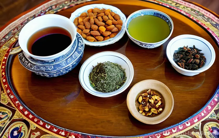 타지키스탄의 전통 차 문화 - **Prompt: A close-up shot of the respectful Tajik tea pouring ritual.** A host, wearing a traditiona...