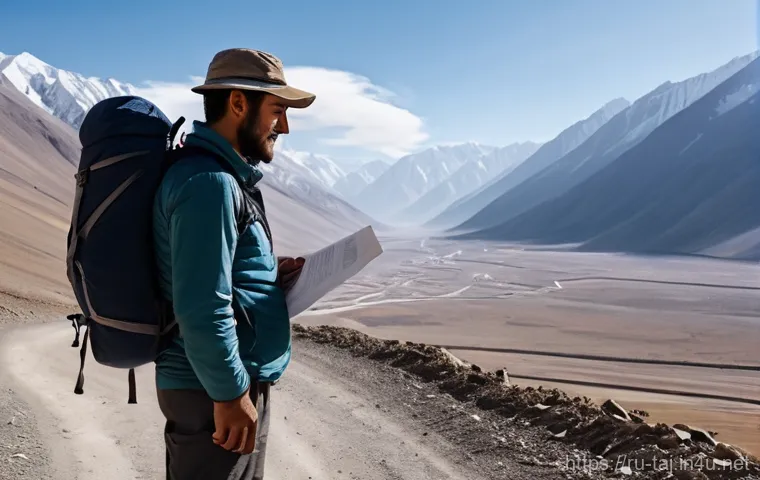 타지키스탄에서 안전하게 여행하기 - A breathtaking panoramic shot of the majestic Pamir Mountains in Tajikistan. A rugged 4x4 SUV, sligh...
