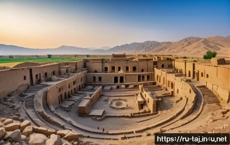 타지키스탄 역사와 문화 - A panoramic view of the ancient city of Penjikent ruins during golden hour, showcasing detailed arch...