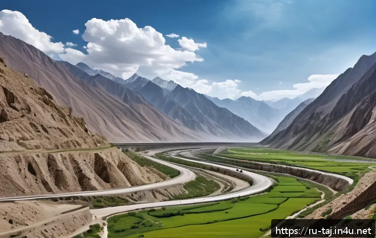 타지키스탄의 경제적 이슈 - A detailed landscape scene of Tajikistan&rsquo;s mountainous region with narrow winding roads used by truc...