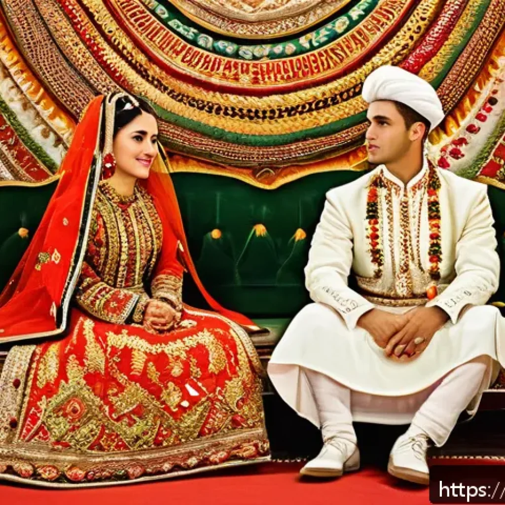 타지키스탄의 전통 결혼식 - A traditional Tajik wedding scene featuring a bride and groom dressed in vibrant, richly embroidered...