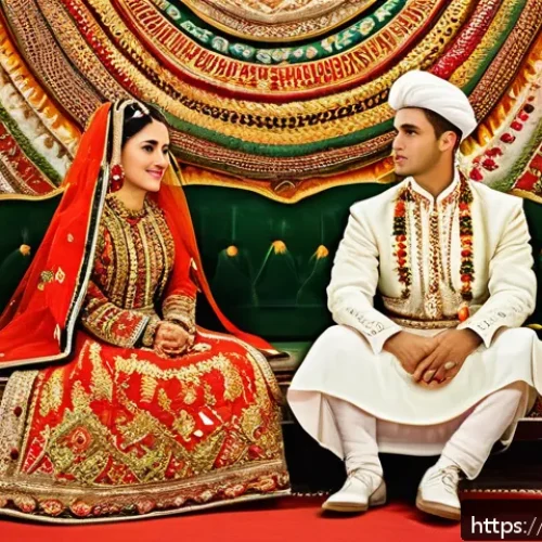 Home 15 타지키스탄의 전통 결혼식 - A traditional Tajik wedding scene featuring a bride and groom dressed in vibrant, richly embroidered...