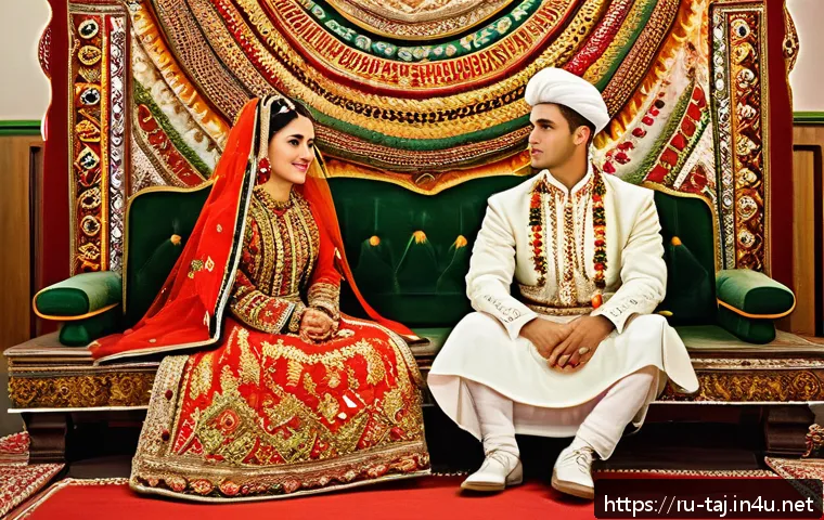 타지키스탄의 전통 결혼식 - A traditional Tajik wedding scene featuring a bride and groom dressed in vibrant, richly embroidered...